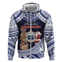 Samoa Christmas Hoodie Samoan Siva Dance With Santa DT05 Zip Hoodie Navy - Polynesian Pride