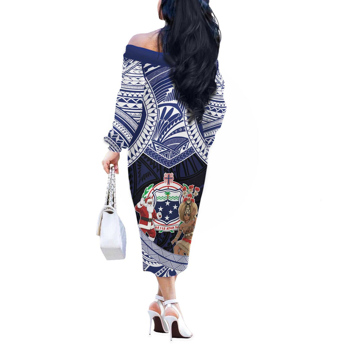 Samoa Christmas Off The Shoulder Long Sleeve Dress Samoan Siva Dance With Santa - Polynesian Pride