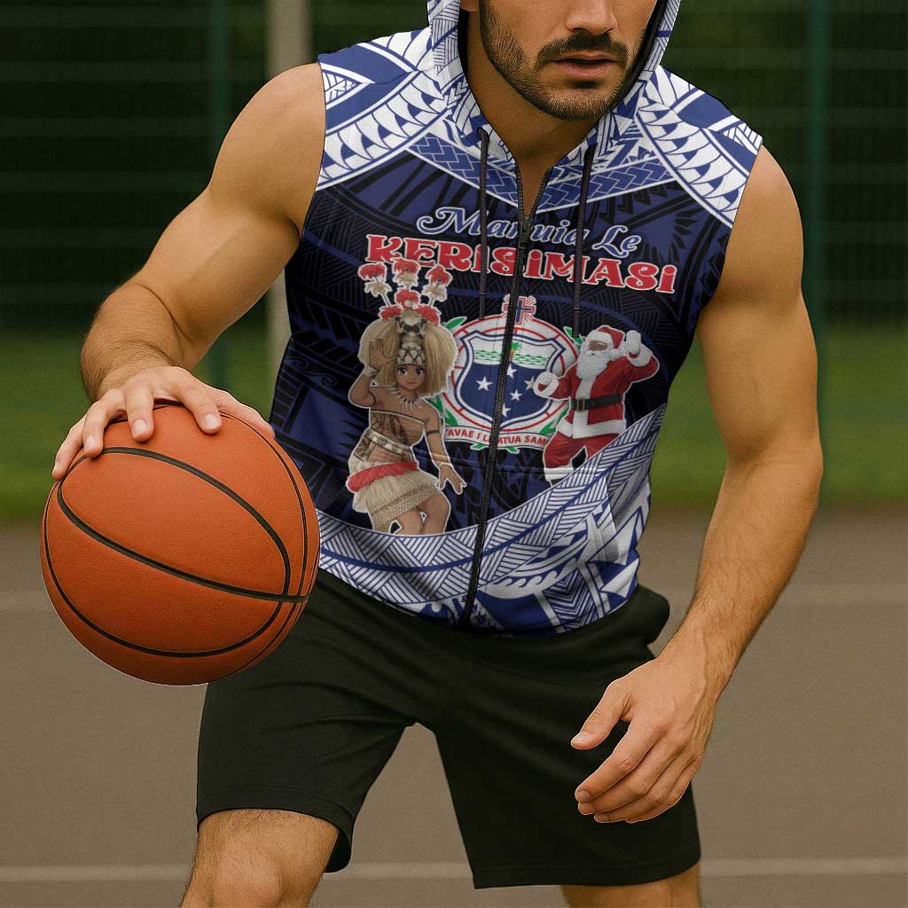 Samoa Christmas Sleeveless Zip Hoodie Samoan Siva Dance With Santa - Polynesian Pride