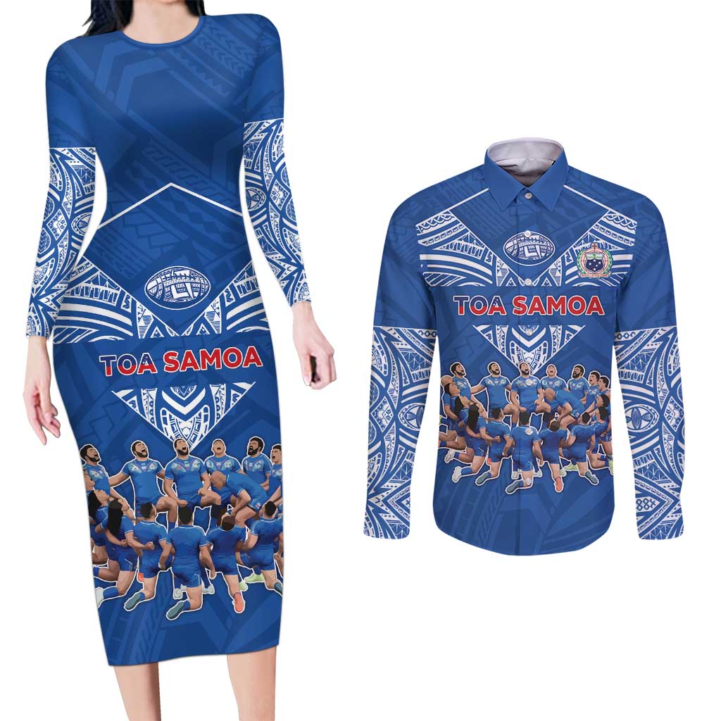 Toa Samoa Couples Matching Long Sleeve Bodycon Dress and Long Sleeve Button Shirt Samoan Warrior Spirit Rugby DT05 Blue - Polynesian Pride