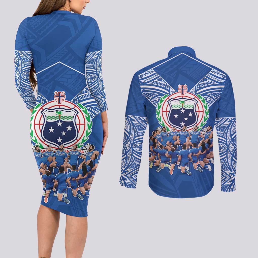 Toa Samoa Couples Matching Long Sleeve Bodycon Dress and Long Sleeve Button Shirt Samoan Warrior Spirit Rugby DT05 - Polynesian Pride