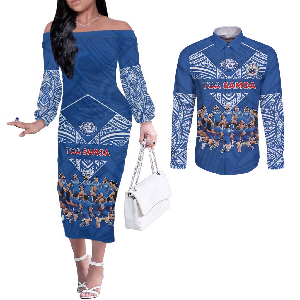 Toa Samoa Couples Matching Off The Shoulder Long Sleeve Dress and Long Sleeve Button Shirt Samoan Warrior Spirit Rugby DT05 Blue - Polynesian Pride