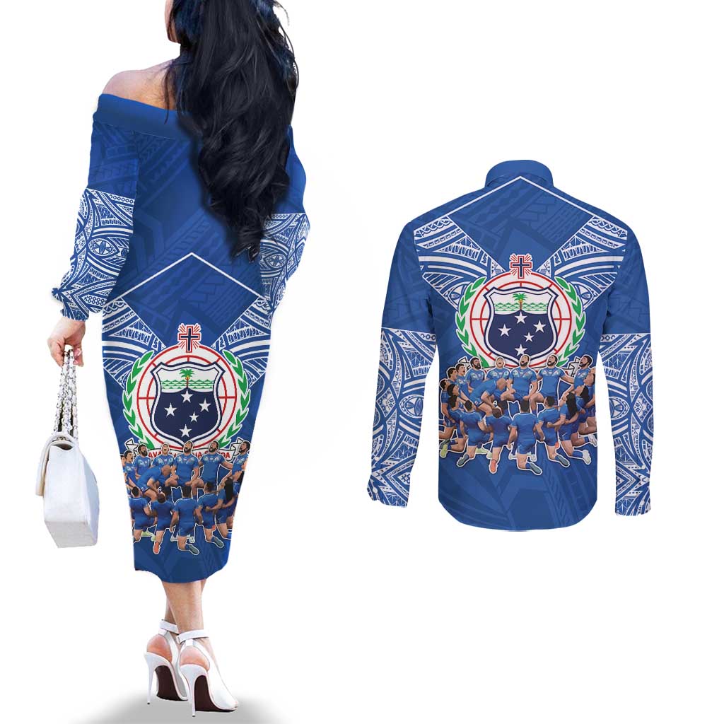 Toa Samoa Couples Matching Off The Shoulder Long Sleeve Dress and Long Sleeve Button Shirt Samoan Warrior Spirit Rugby DT05 - Polynesian Pride