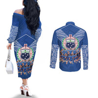 Toa Samoa Couples Matching Off The Shoulder Long Sleeve Dress and Long Sleeve Button Shirt Samoan Warrior Spirit Rugby DT05 - Polynesian Pride