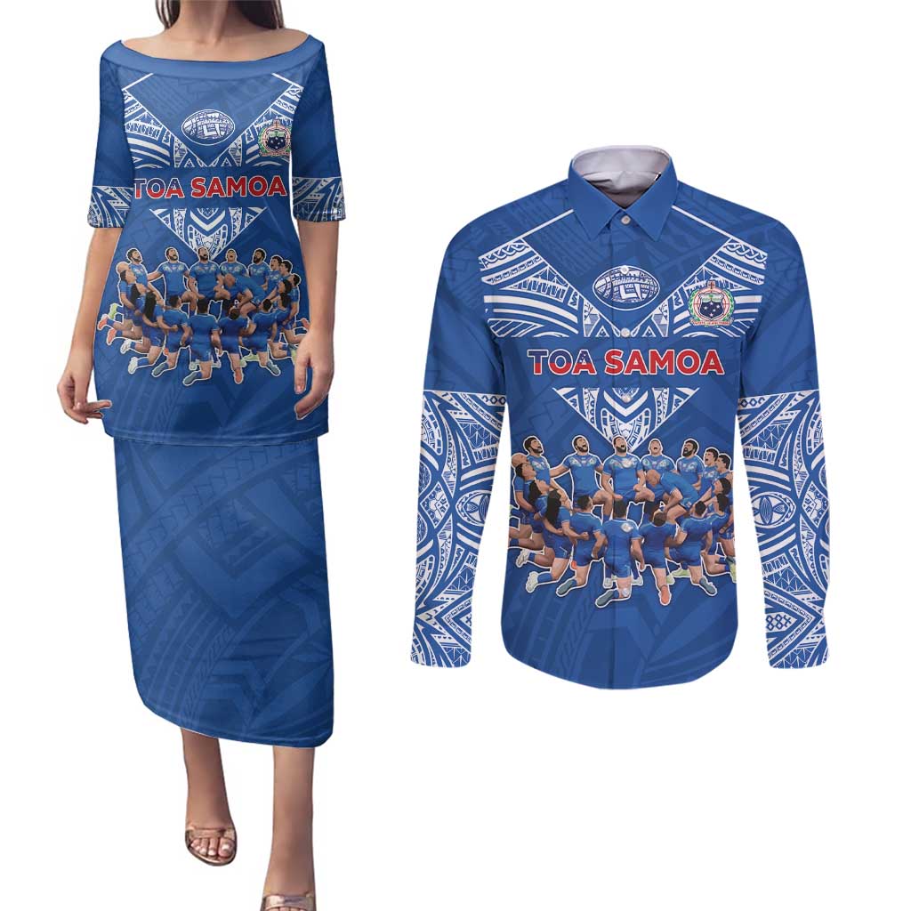 Toa Samoa Couples Matching Puletasi and Long Sleeve Button Shirt Samoan Warrior Spirit Rugby - Polynesian Pride