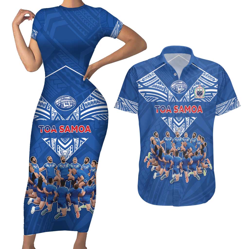 Toa Samoa Couples Matching Short Sleeve Bodycon Dress and Hawaiian Shirt Samoan Warrior Spirit Rugby DT05 Blue - Polynesian Pride