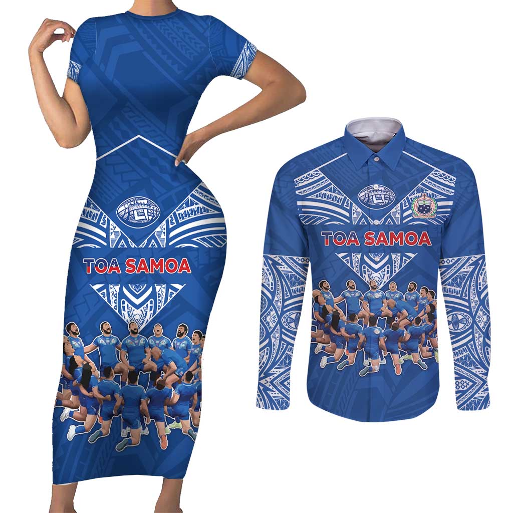 Toa Samoa Couples Matching Short Sleeve Bodycon Dress and Long Sleeve Button Shirt Samoan Warrior Spirit Rugby DT05 Blue - Polynesian Pride