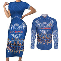Toa Samoa Couples Matching Short Sleeve Bodycon Dress and Long Sleeve Button Shirt Samoan Warrior Spirit Rugby DT05 Blue - Polynesian Pride