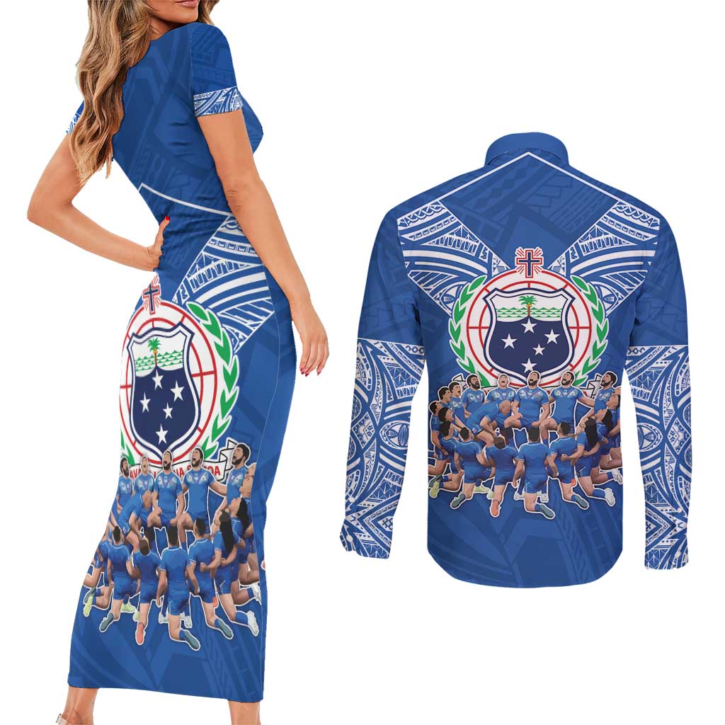 Toa Samoa Couples Matching Short Sleeve Bodycon Dress and Long Sleeve Button Shirt Samoan Warrior Spirit Rugby DT05 - Polynesian Pride