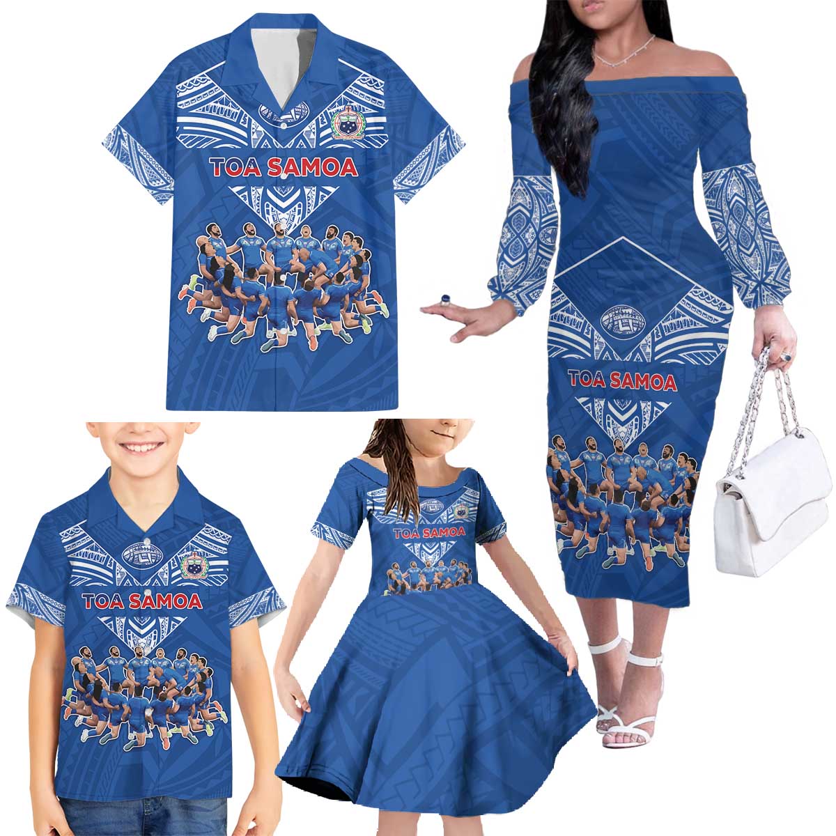 Toa Samoa Family Matching Off The Shoulder Long Sleeve Dress and Hawaiian Shirt Samoan Warrior Spirit Rugby DT05 - Polynesian Pride