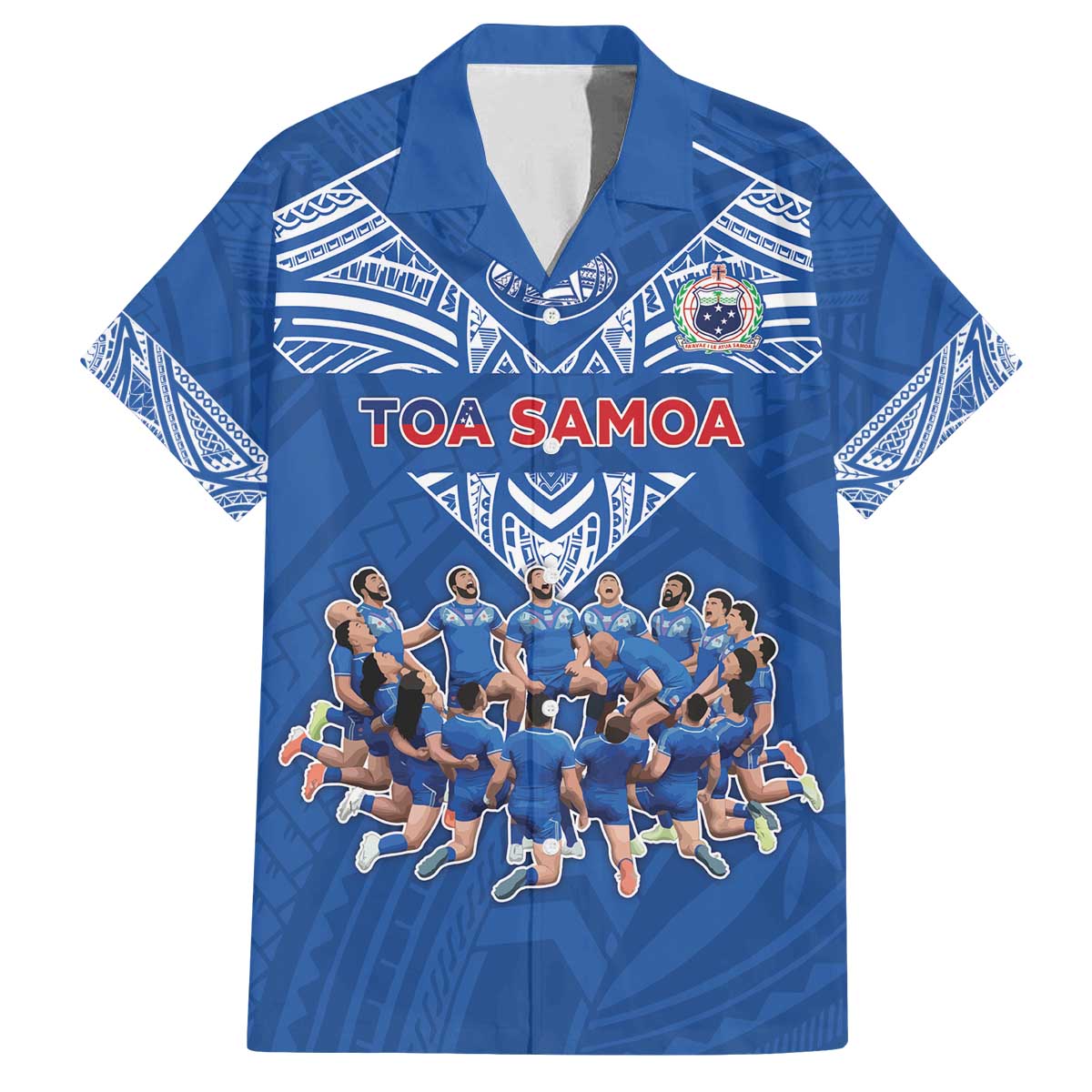 Toa Samoa Family Matching Off The Shoulder Long Sleeve Dress and Hawaiian Shirt Samoan Warrior Spirit Rugby DT05 Dad's Shirt - Short Sleeve Blue - Polynesian Pride