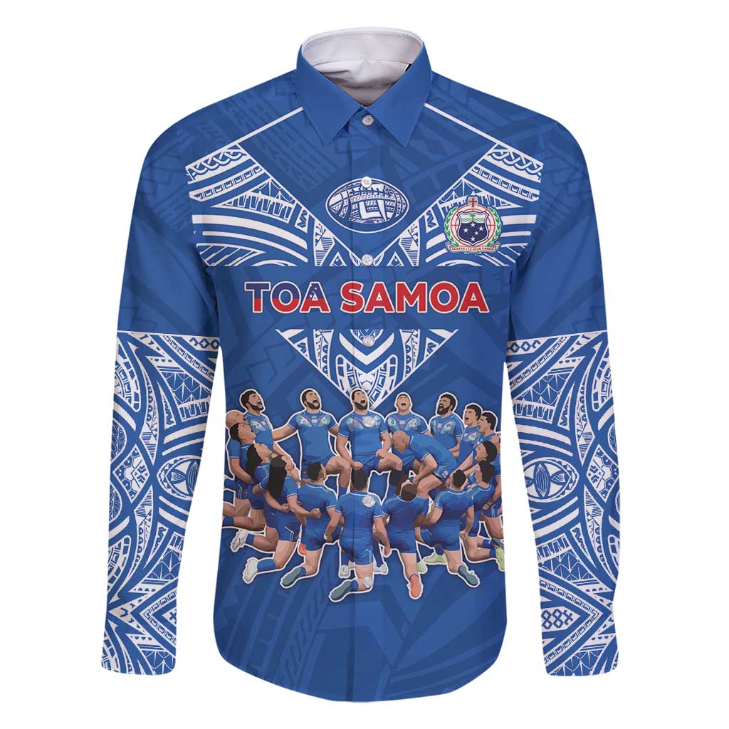 Toa Samoa Family Matching Summer Maxi Dress and Hawaiian Shirt Samoan Warrior Spirit Rugby DT05 Dad's Shirt - Long Sleeve Blue - Polynesian Pride