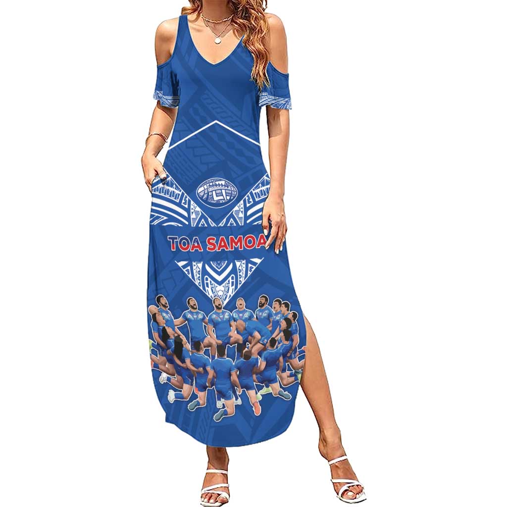 Toa Samoa Family Matching Summer Maxi Dress and Hawaiian Shirt Samoan Warrior Spirit Rugby DT05 Mom's Dress Blue - Polynesian Pride