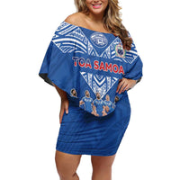 Toa Samoa Off Shoulder Short Dress Samoan Warrior Spirit Rugby DT05 Women Blue - Polynesian Pride
