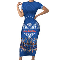 Toa Samoa Short Sleeve Bodycon Dress Samoan Warrior Spirit Rugby DT05 Long Dress Blue - Polynesian Pride