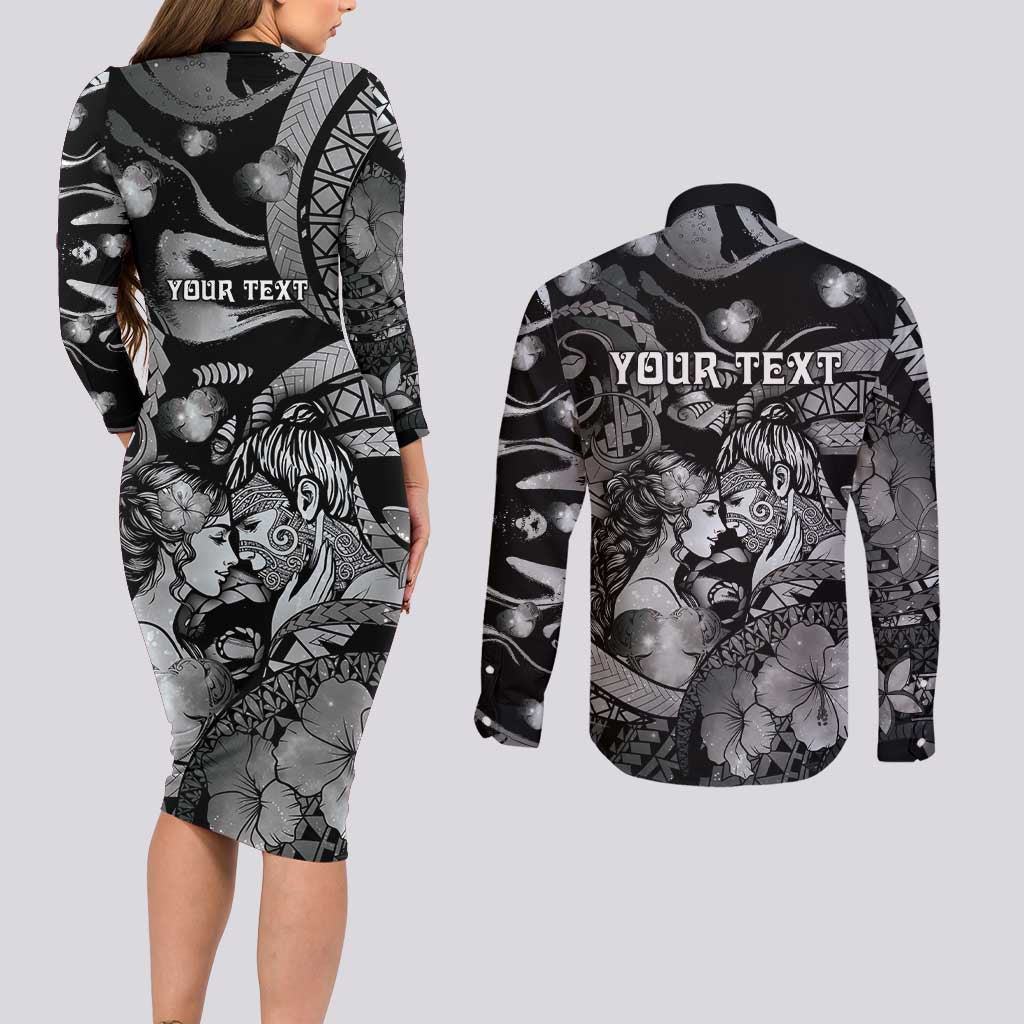 Personalised Maori Romantic Valentine Couples Matching Long Sleeve Bodycon Dress and Long Sleeve Button Shirt The Hongi Kiss Black Galaxy DT05 - Polynesian Pride