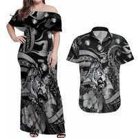 Personalised Maori Romantic Valentine Couples Matching Off Shoulder Maxi Dress and Hawaiian Shirt The Hongi Kiss Black Galaxy DT05 Black - Polynesian Pride