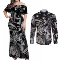 Personalised Maori Romantic Valentine Couples Matching Off Shoulder Maxi Dress and Long Sleeve Button Shirt The Hongi Kiss Black Galaxy DT05 Black - Polynesian Pride