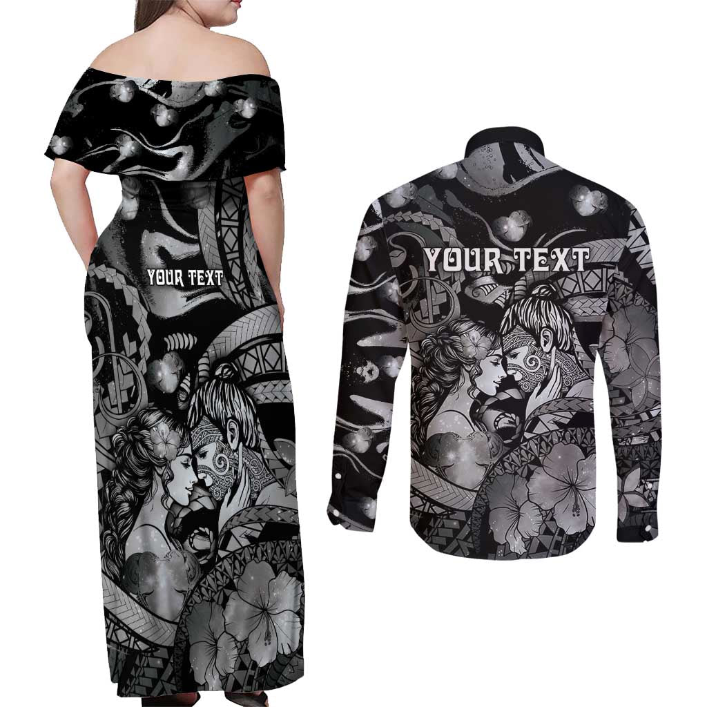 Personalised Maori Romantic Valentine Couples Matching Off Shoulder Maxi Dress and Long Sleeve Button Shirt The Hongi Kiss Black Galaxy DT05 - Polynesian Pride