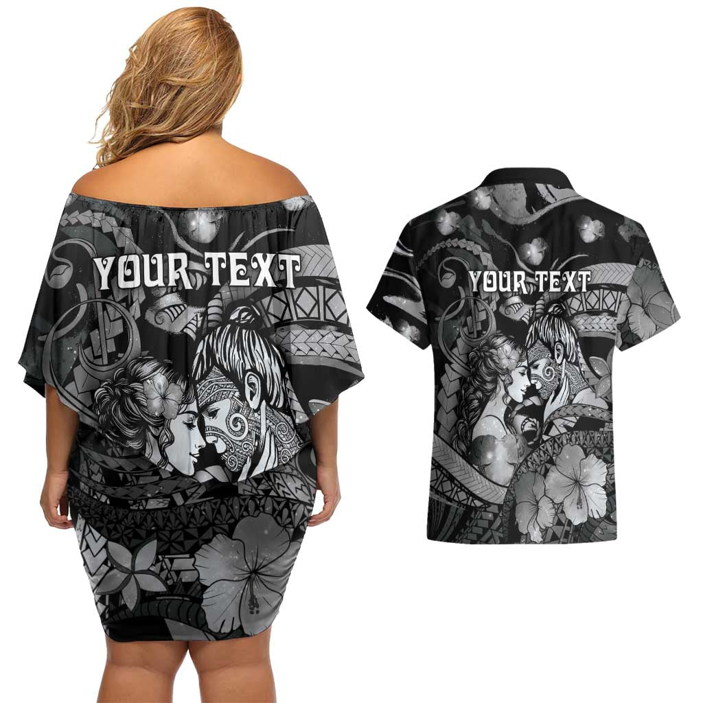 Personalised Maori Romantic Valentine Couples Matching Off Shoulder Short Dress and Hawaiian Shirt The Hongi Kiss Black Galaxy DT05 - Polynesian Pride