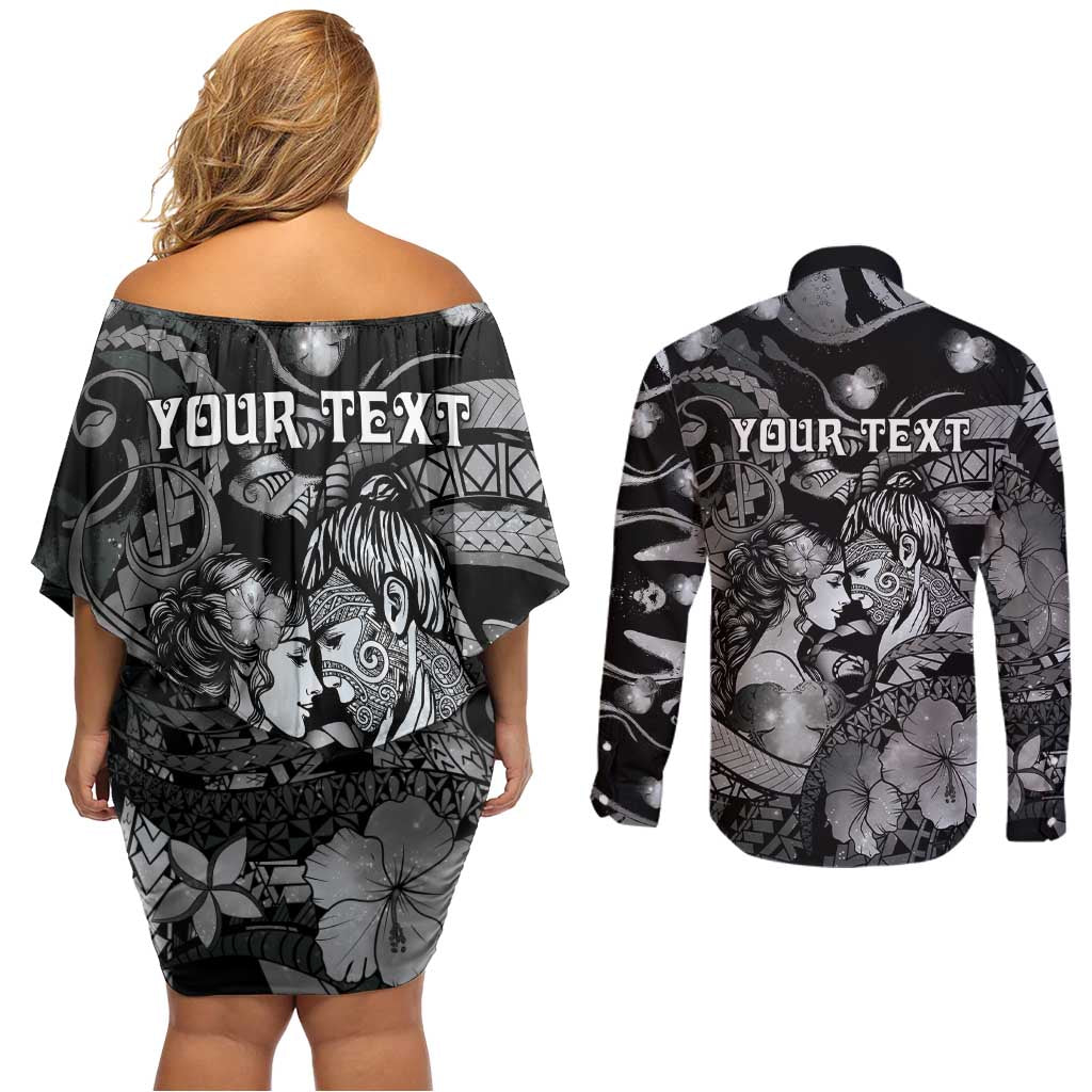 Personalised Maori Romantic Valentine Couples Matching Off Shoulder Short Dress and Long Sleeve Button Shirt The Hongi Kiss Black Galaxy DT05 - Polynesian Pride