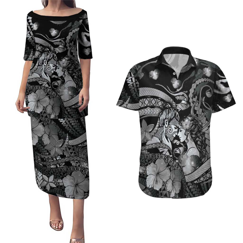 Personalised Maori Romantic Valentine Couples Matching Puletasi and Hawaiian Shirt The Hongi Kiss Black Galaxy DT05 Black - Polynesian Pride