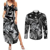 Personalised Maori Romantic Valentine Couples Matching Summer Maxi Dress and Long Sleeve Button Shirt The Hongi Kiss Black Galaxy DT05 Black - Polynesian Pride