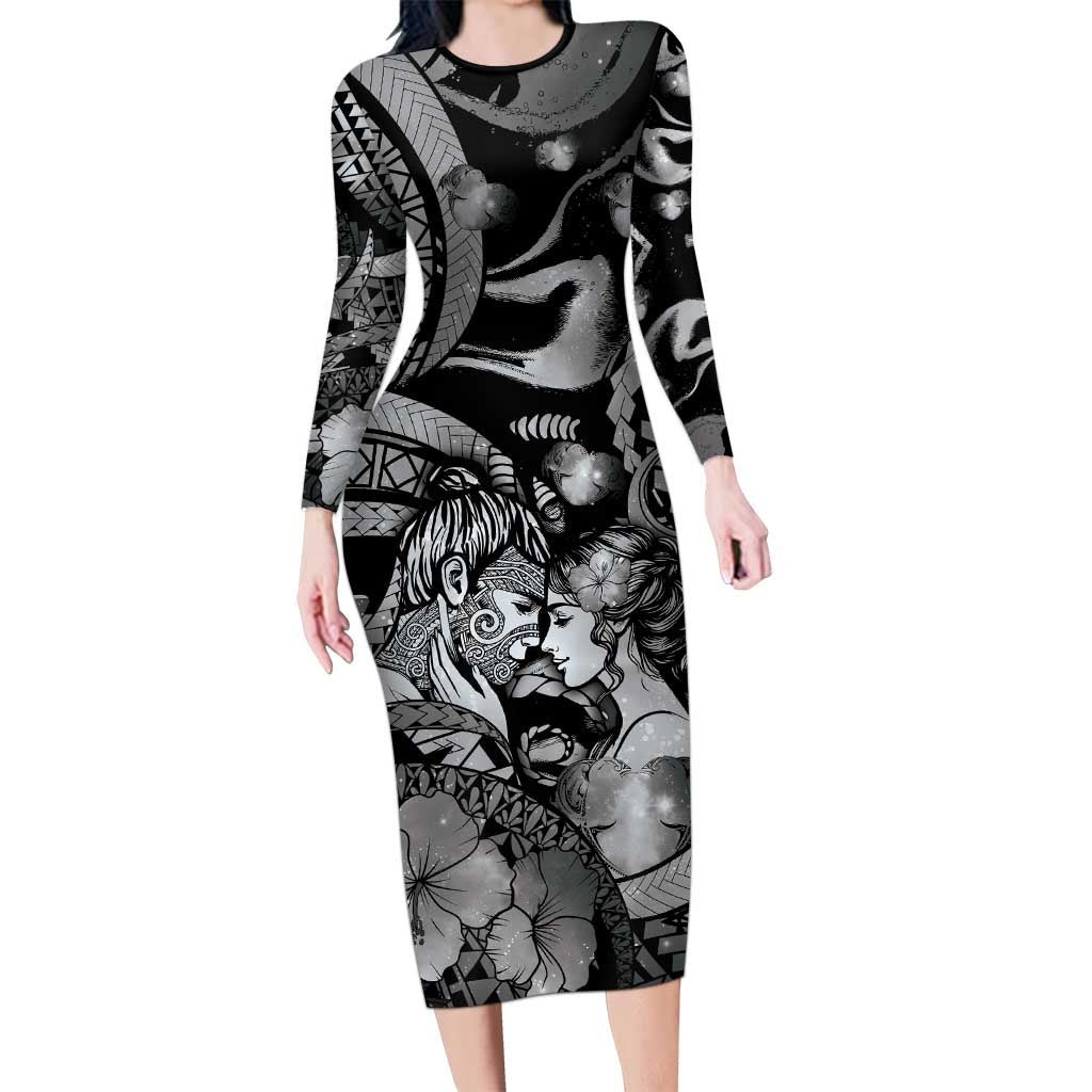 Personalised Maori Romantic Valentine Family Matching Long Sleeve Bodycon Dress and Hawaiian Shirt The Hongi Kiss Black Galaxy DT05 Mom's Dress Black - Polynesian Pride