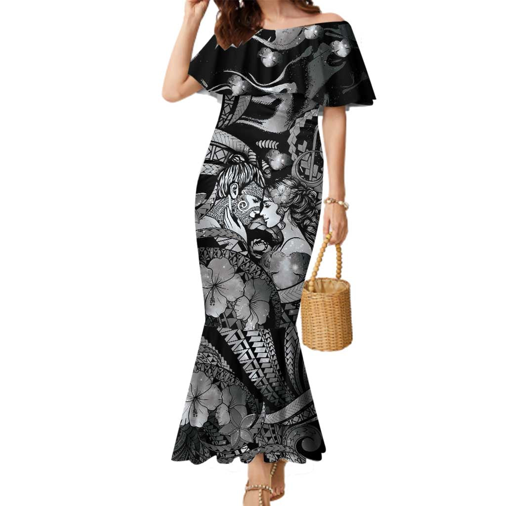 Personalised Maori Romantic Valentine Family Matching Mermaid Dress and Hawaiian Shirt The Hongi Kiss Black Galaxy DT05 Mom's Dress Black - Polynesian Pride