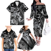 Personalised Maori Romantic Valentine Family Matching Off The Shoulder Long Sleeve Dress and Hawaiian Shirt The Hongi Kiss Black Galaxy DT05 - Polynesian Pride