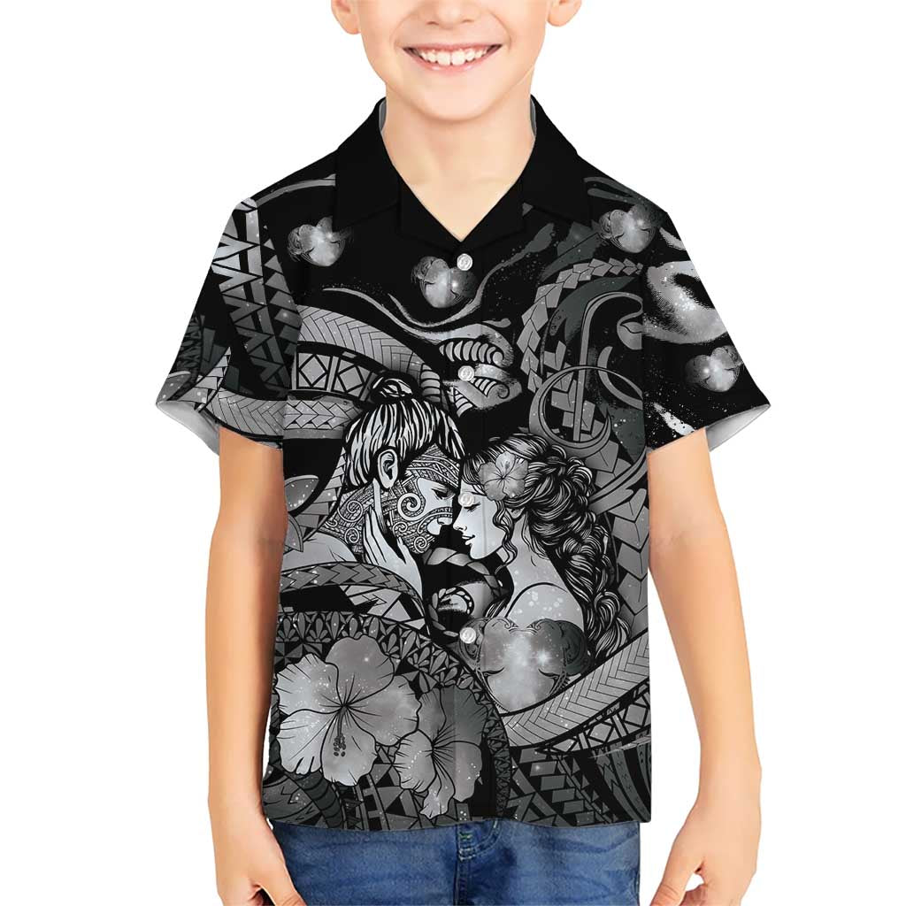 Personalised Maori Romantic Valentine Family Matching Off Shoulder Maxi Dress and Hawaiian Shirt The Hongi Kiss Black Galaxy DT05 Son's Shirt Black - Polynesian Pride