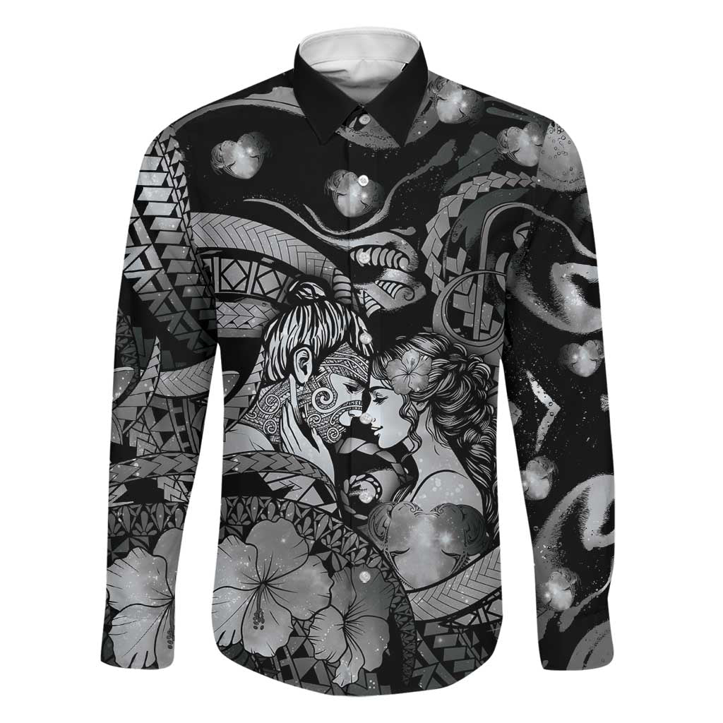 Personalised Maori Romantic Valentine Family Matching Off Shoulder Short Dress and Hawaiian Shirt The Hongi Kiss Black Galaxy DT05 Dad's Shirt - Long Sleeve Black - Polynesian Pride