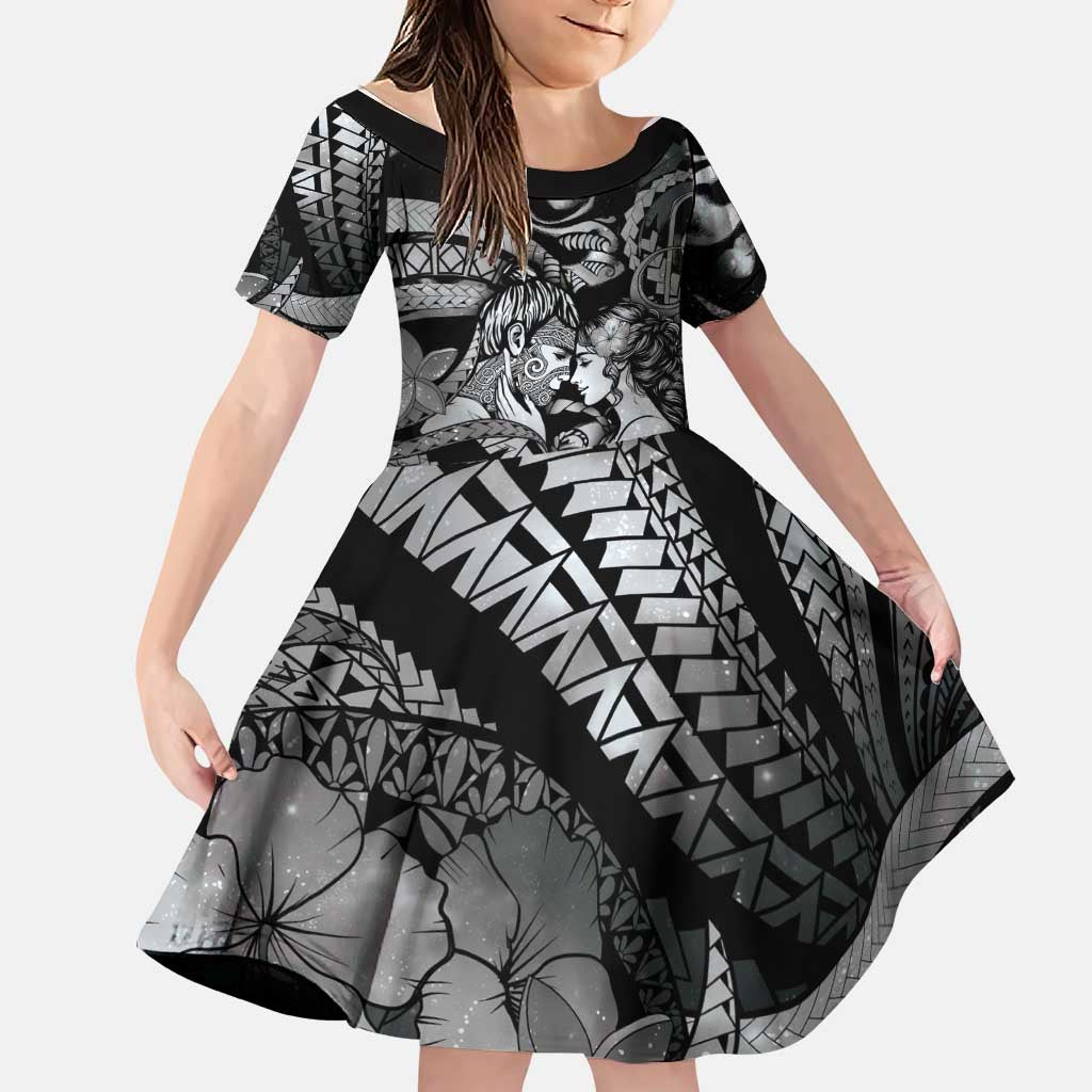 Personalised Maori Romantic Valentine Family Matching Summer Maxi Dress and Hawaiian Shirt The Hongi Kiss Black Galaxy DT05 Daughter's Dress Black - Polynesian Pride