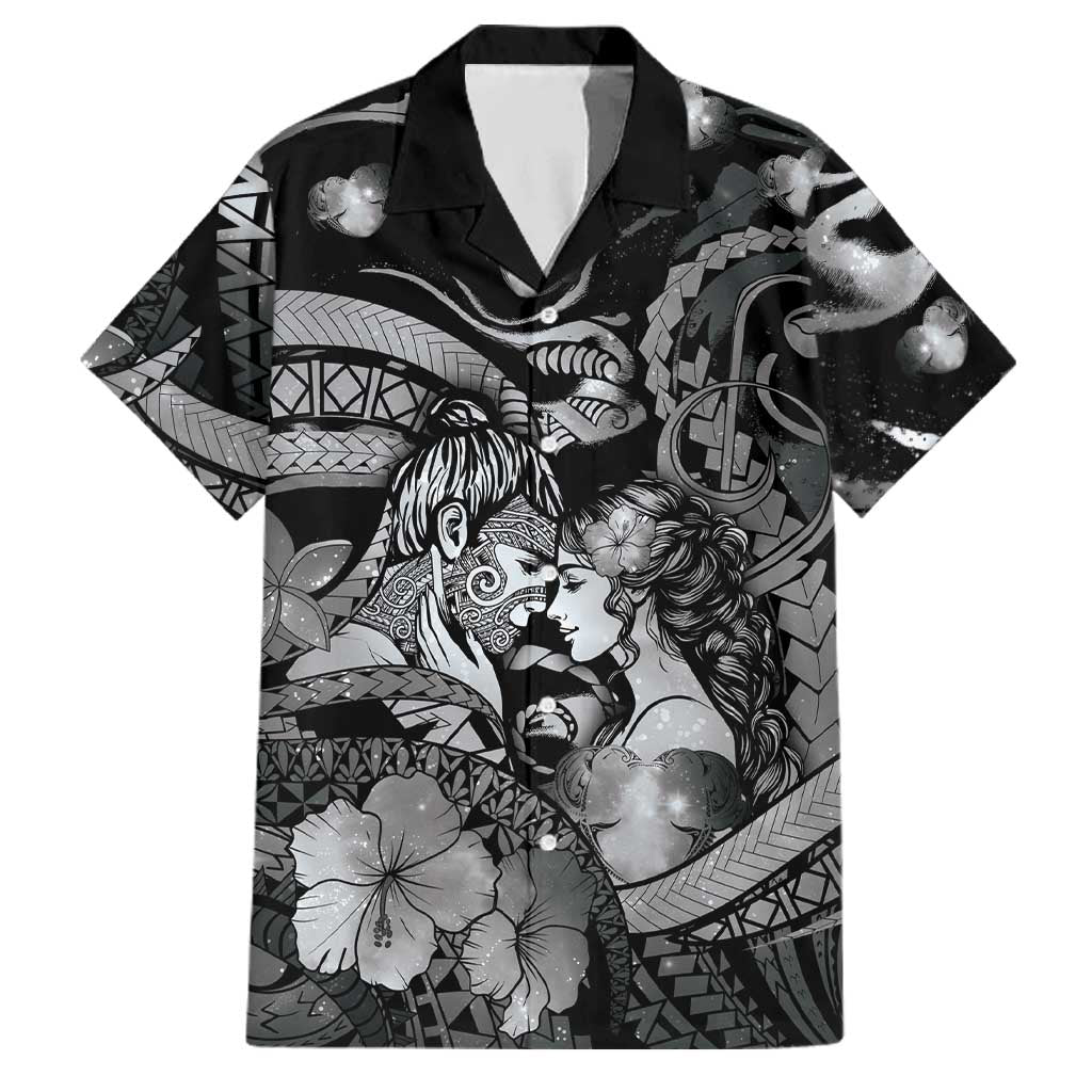 Personalised Maori Romantic Valentine Family Matching Summer Maxi Dress and Hawaiian Shirt The Hongi Kiss Black Galaxy DT05 Dad's Shirt - Short Sleeve Black - Polynesian Pride