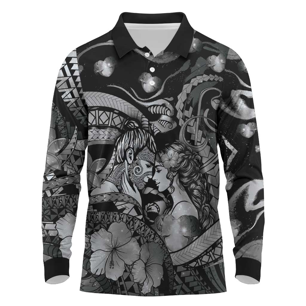 Personalised Maori Romantic Valentine Long Sleeve Polo Shirt The Hongi Kiss Black Galaxy DT05 Black - Polynesian Pride