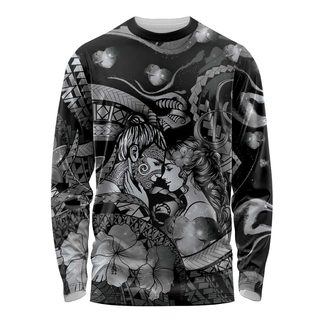 Personalised Maori Romantic Valentine Long Sleeve Shirt The Hongi Kiss Black Galaxy