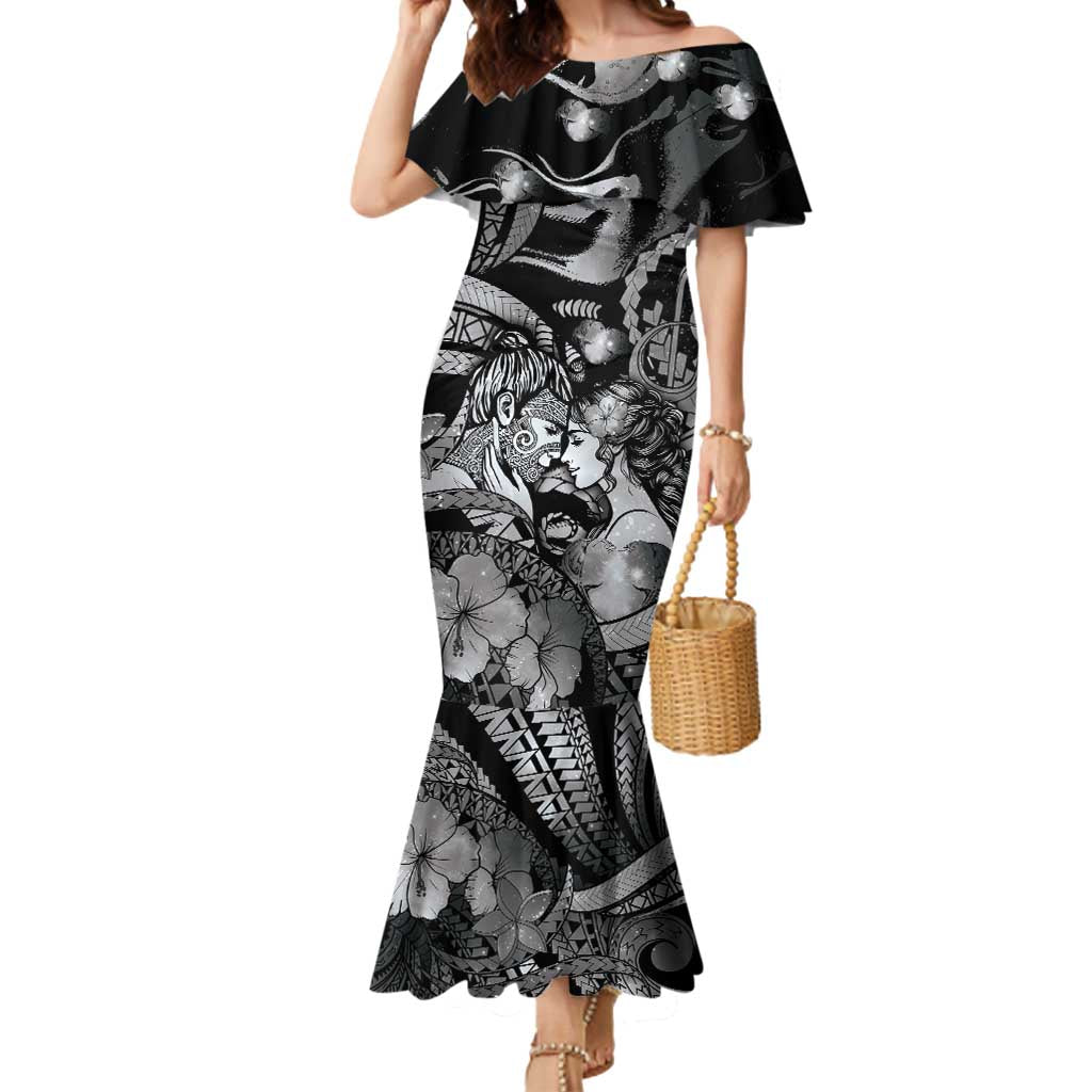 Personalised Maori Romantic Valentine Mermaid Dress The Hongi Kiss Black Galaxy DT05 Women Black - Polynesian Pride