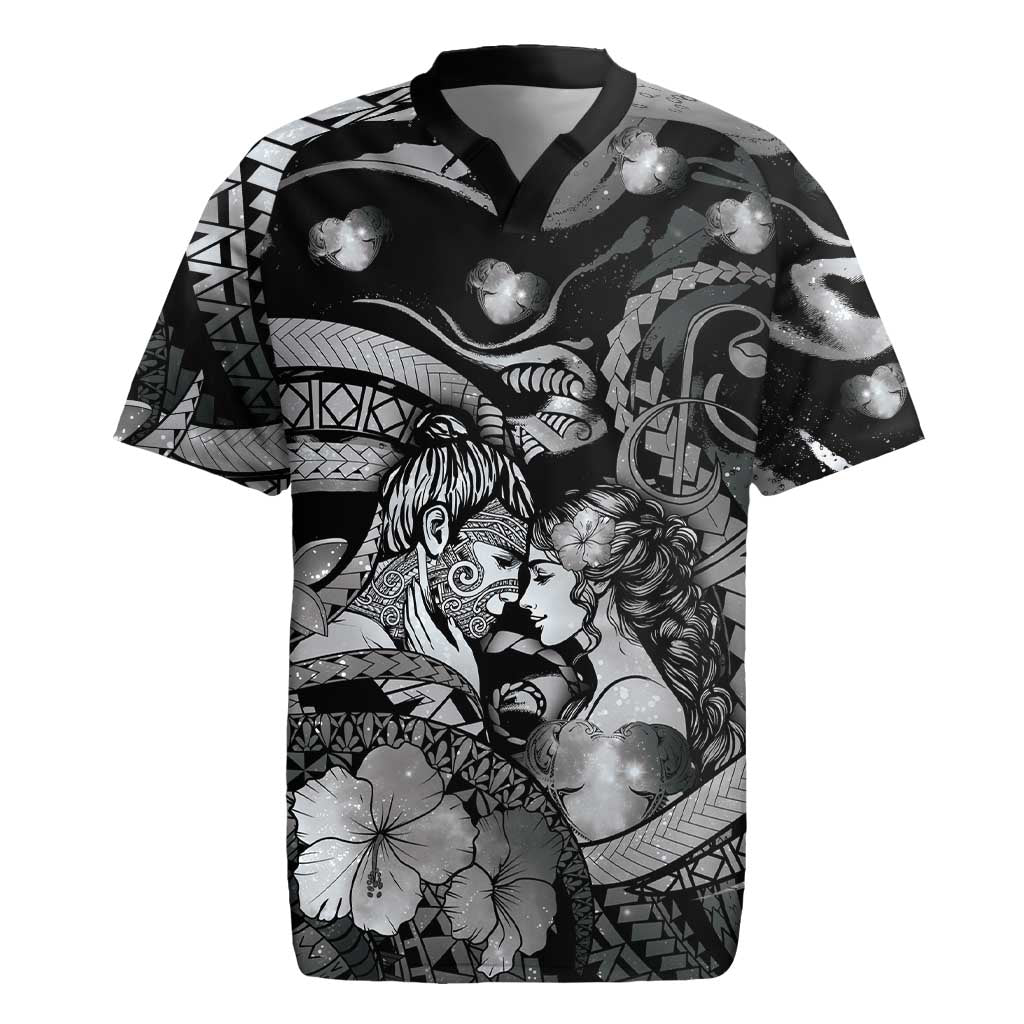 Personalised Maori Romantic Valentine Rugby Jersey The Hongi Kiss Black Galaxy