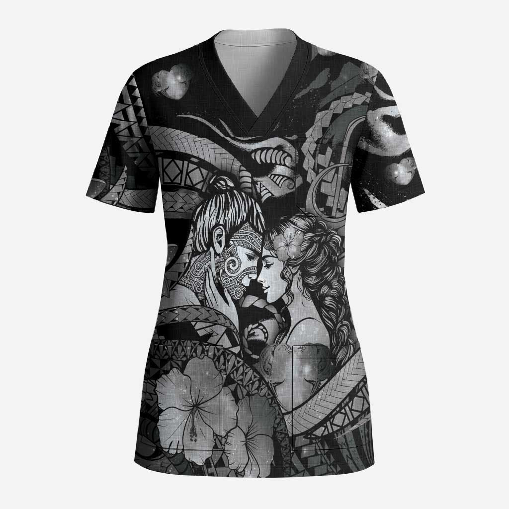 Personalised Maori Romantic Valentine Scrub Top The Hongi Kiss Black Galaxy