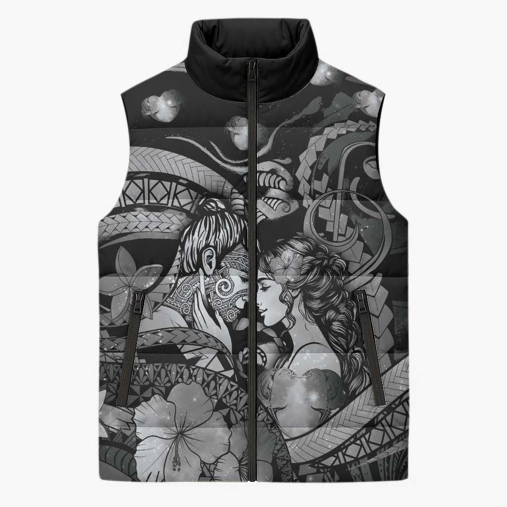 Personalised Maori Romantic Valentine Sleeveless Puffer Jacket The Hongi Kiss Black Galaxy DT05 Unisex Black - Polynesian Pride