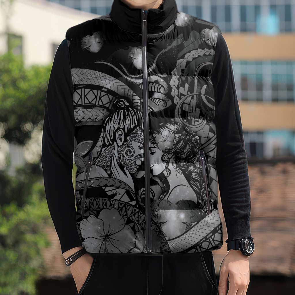 Personalised Maori Romantic Valentine Sleeveless Puffer Jacket The Hongi Kiss Black Galaxy DT05 - Polynesian Pride