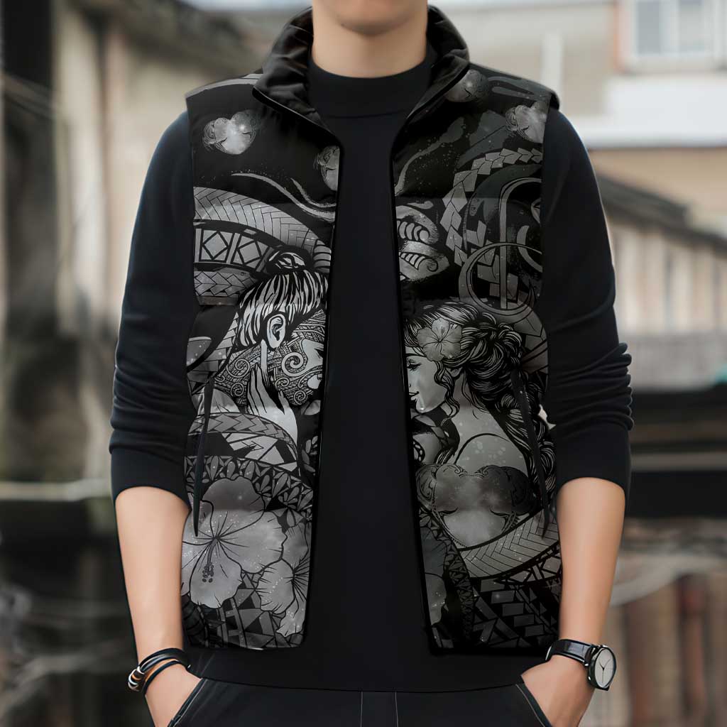 Personalised Maori Romantic Valentine Sleeveless Puffer Jacket The Hongi Kiss Black Galaxy DT05 - Polynesian Pride