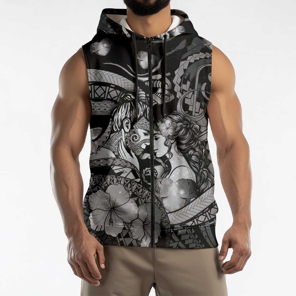 Personalised Maori Romantic Valentine Sleeveless Zip Hoodie The Hongi Kiss Black Galaxy DT05 - Polynesian Pride