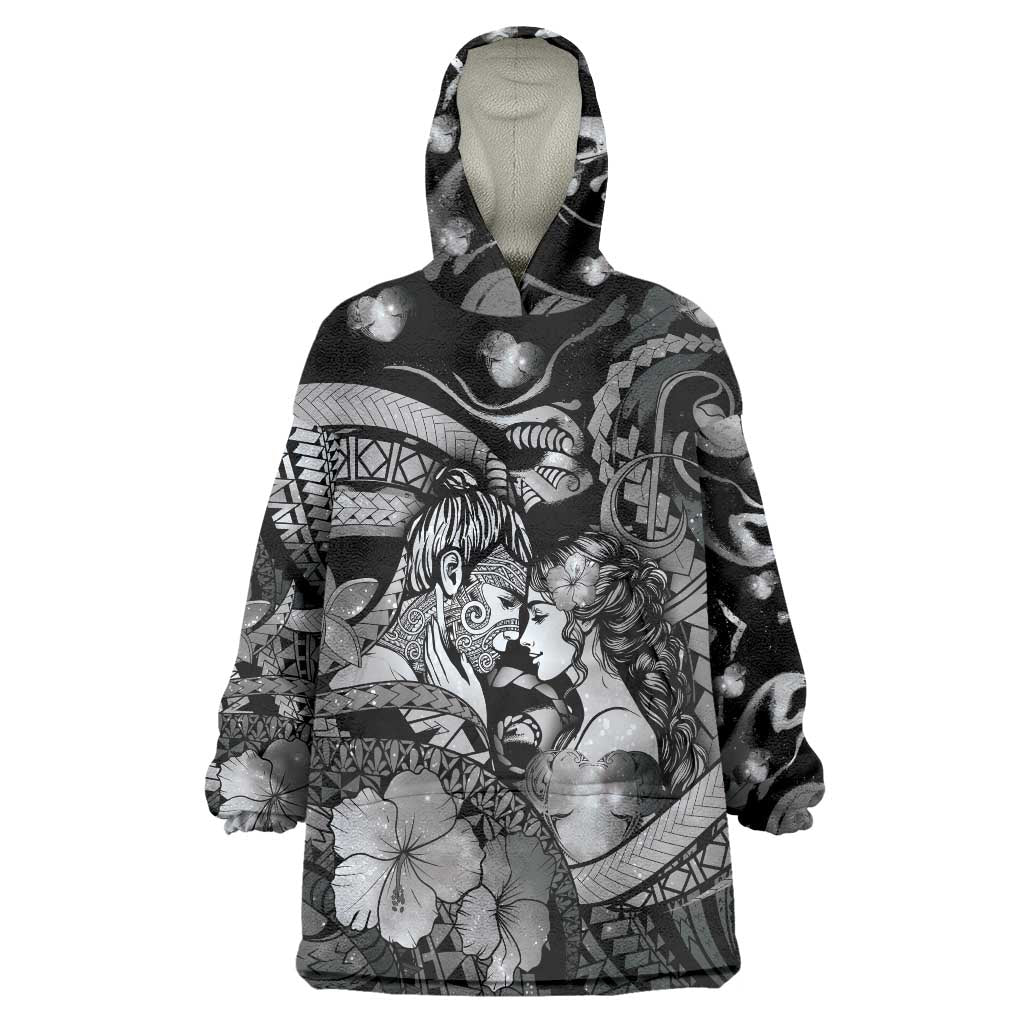 Personalised Maori Romantic Valentine Wearable Blanket Hoodie The Hongi Kiss Black Galaxy DT05 One Size Black - Polynesian Pride