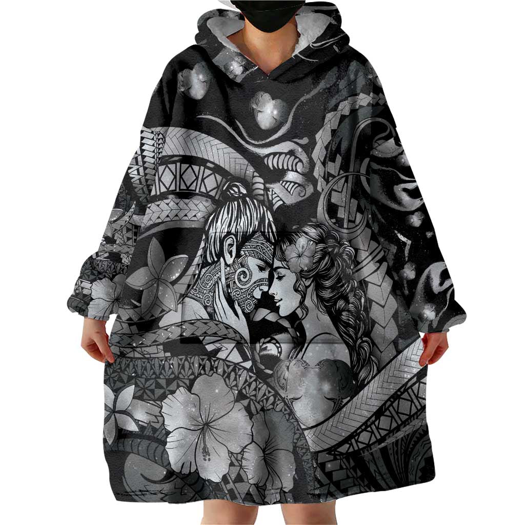 Personalised Maori Romantic Valentine Wearable Blanket Hoodie The Hongi Kiss Black Galaxy DT05 - Polynesian Pride