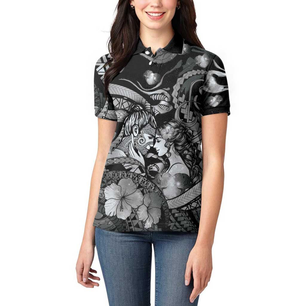 Personalised Maori Romantic Valentine Women Polo Shirt The Hongi Kiss Black Galaxy DT05 - Polynesian Pride