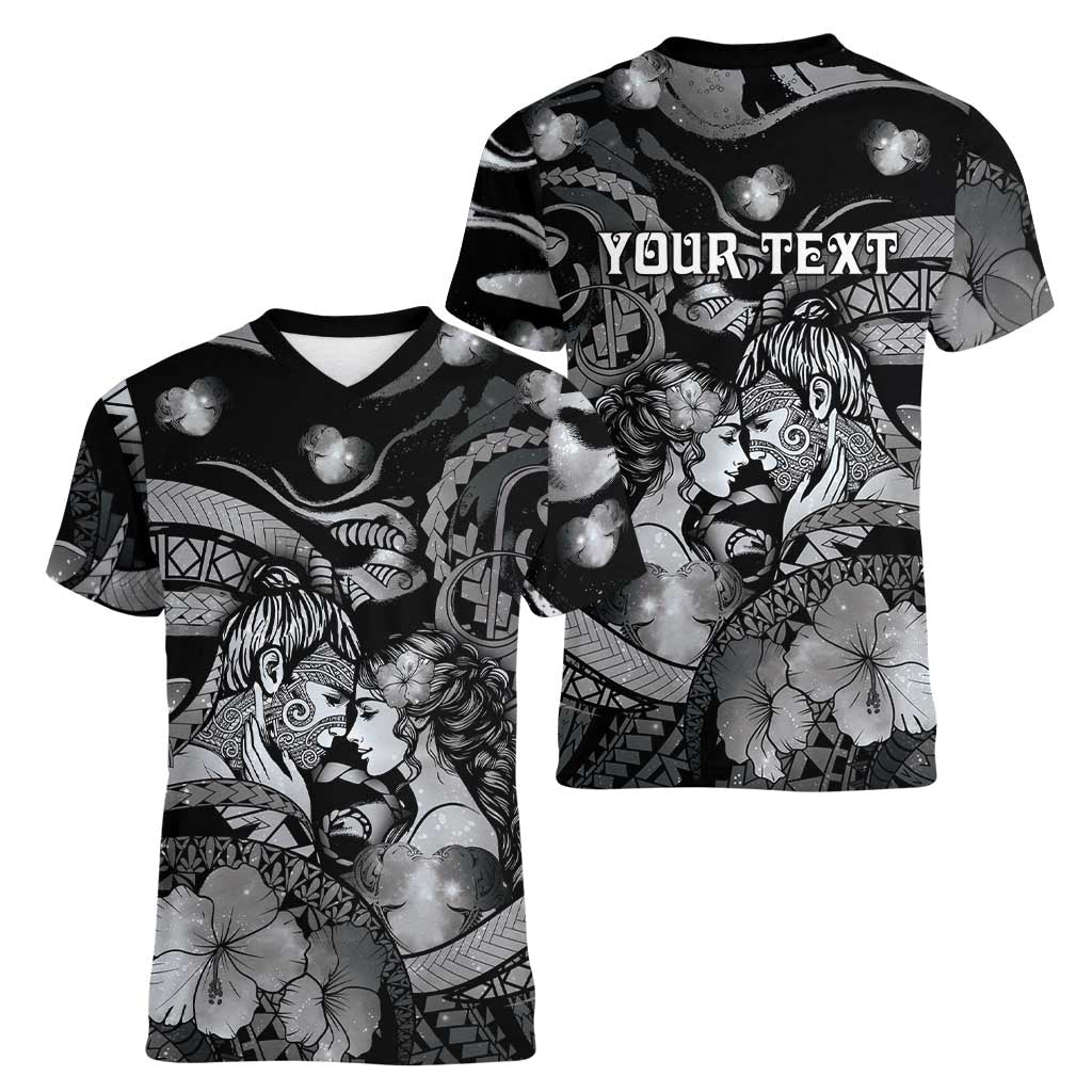 Personalised Maori Romantic Valentine Women V-Neck T-Shirt The Hongi Kiss Black Galaxy DT05 - Polynesian Pride