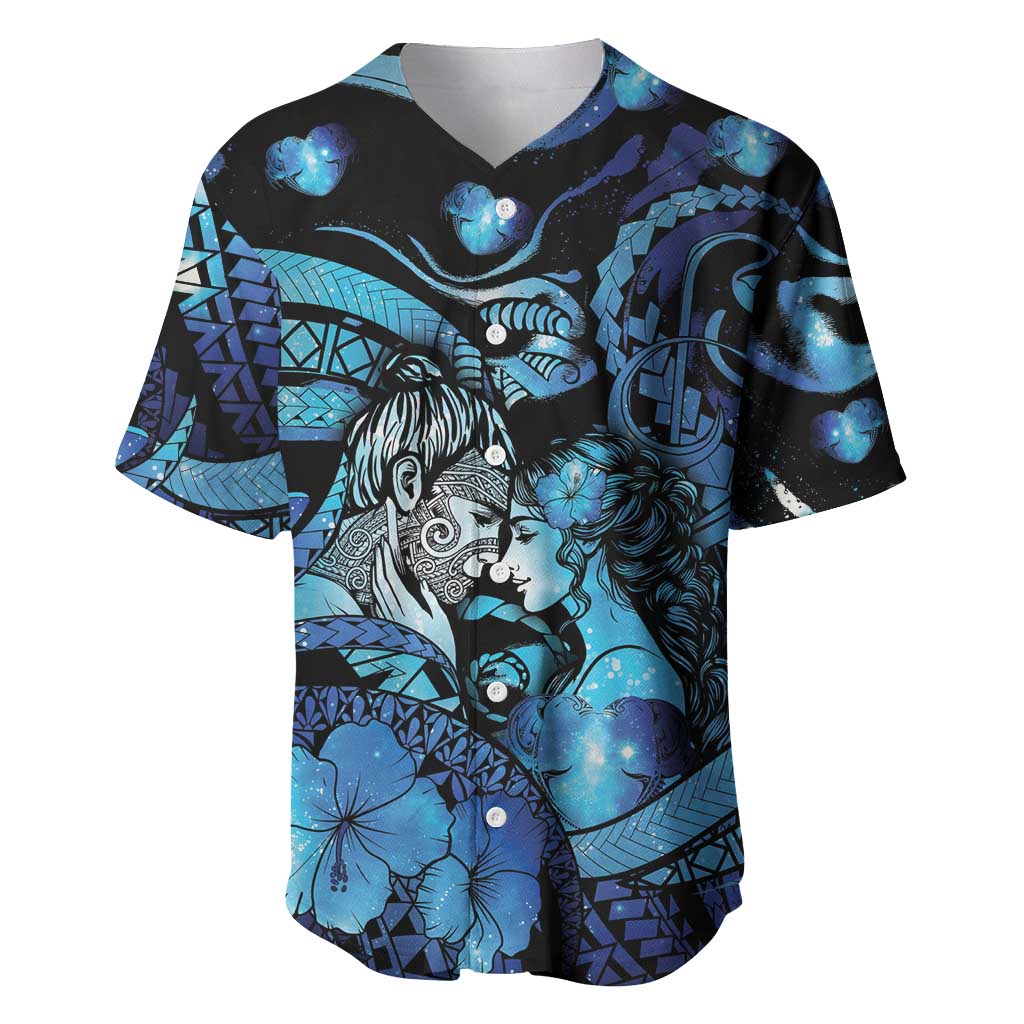 Personalised Maori Romantic Valentine Baseball Jersey The Hongi Kiss Blue Galaxy