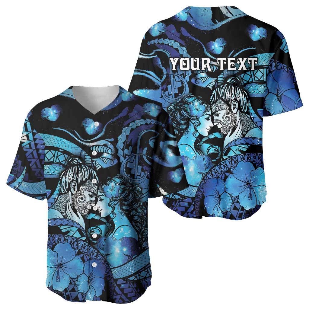 Personalised Maori Romantic Valentine Baseball Jersey The Hongi Kiss Blue Galaxy