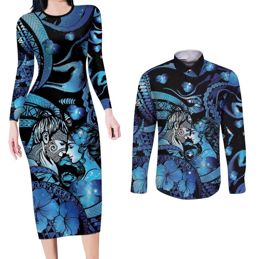 Personalised Maori Romantic Valentine Couples Matching Long Sleeve Bodycon Dress and Long Sleeve Button Shirt The Hongi Kiss Blue Galaxy DT05 Blue - Polynesian Pride
